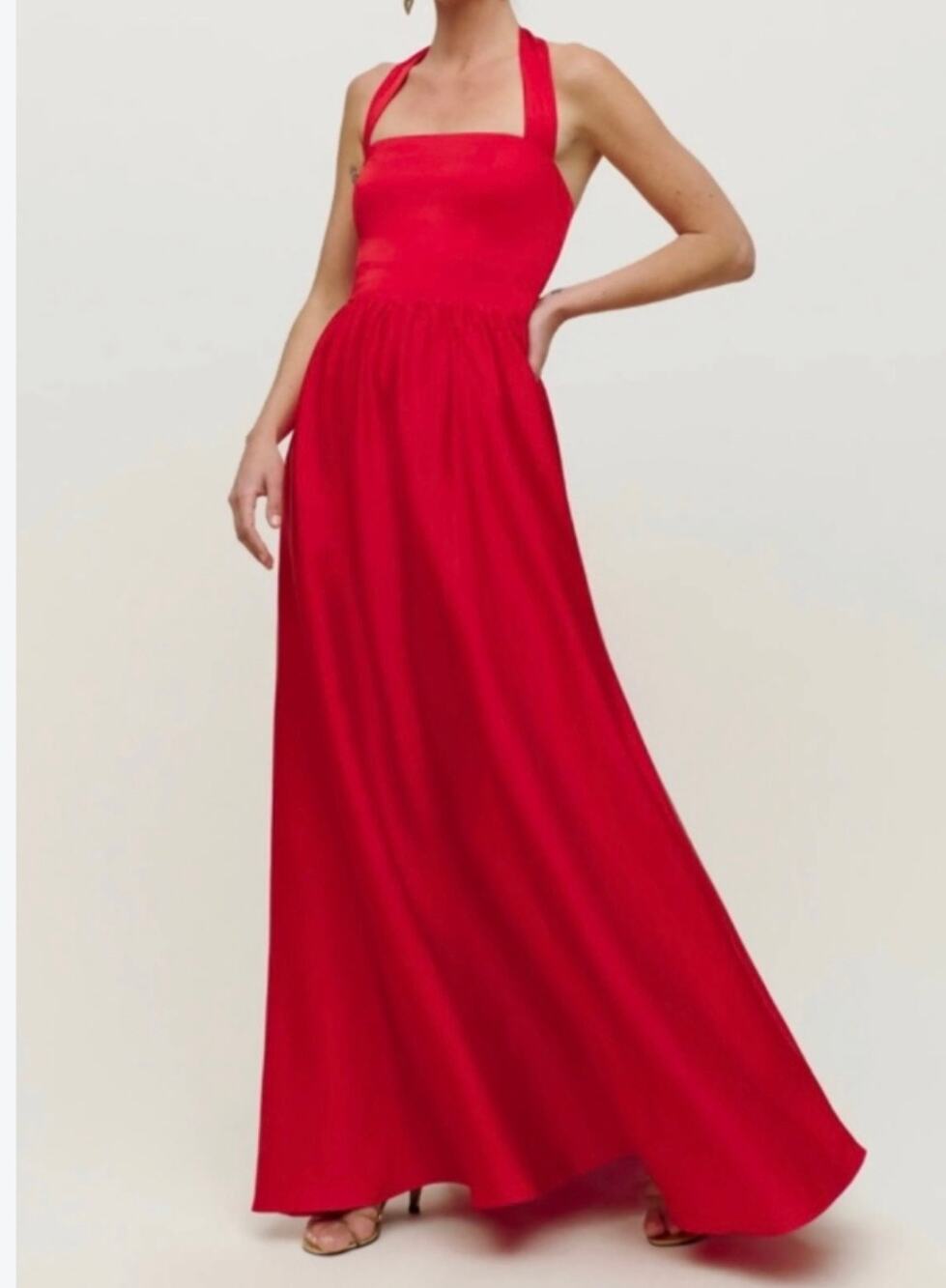 Reformation Edessa Maxi Dress Red Halter A-Line  Formal Gown 6 Open Back